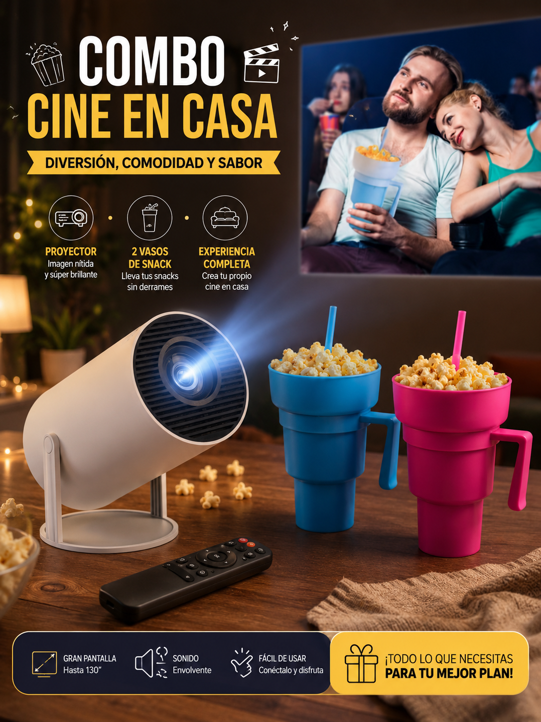 COMBO CINE EN CASA PROYECTOR X2 VASOS